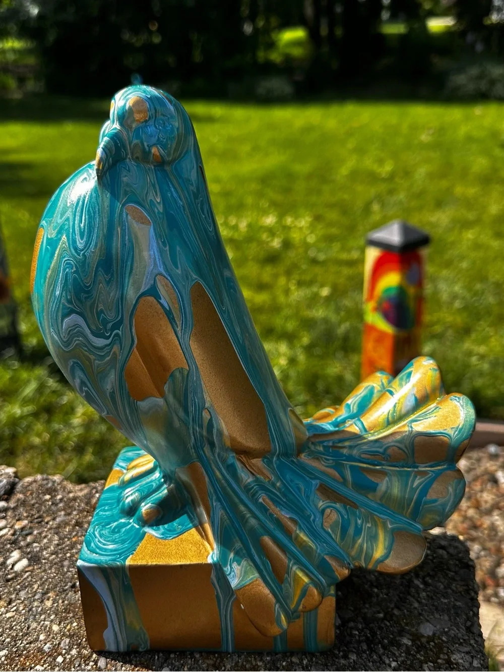 Hand crafted Decorative Turquoise and Gold Bird ceramic Figurine
